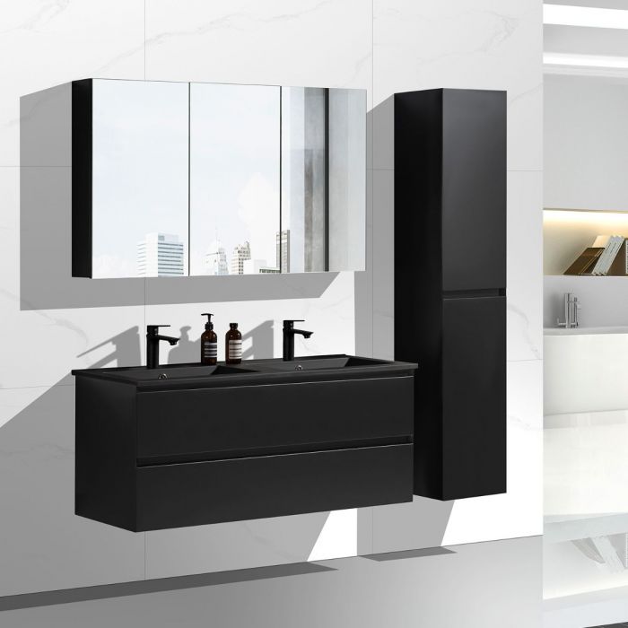 NoraDesign 120 cm badeværelsesmøbel dobbelt i matsort med sort servant