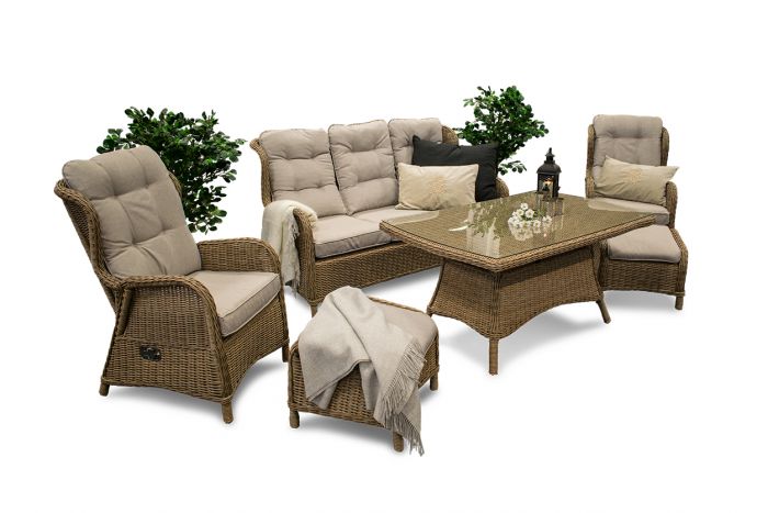 Karibia - havesæt med sofa, to ørelapstole med fodskammel og stort spisebord i naturmix