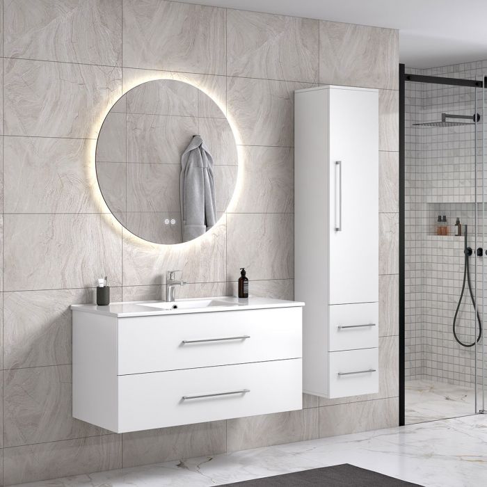 LindaDesign 100 cm hvid mat badeværelsesmøbel med rundt spejl og 1 højskab