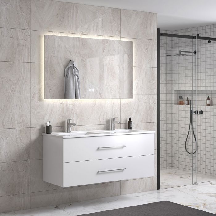 LindaDesign 120 cm badeværelsesmøbel dobbel m/hvid håndvask og spejl