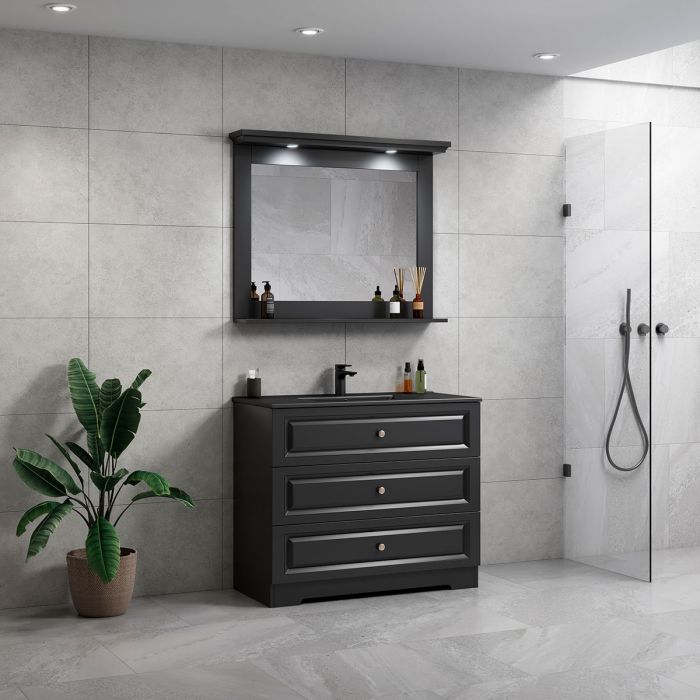 ModeniComfort 100 cm sort mat badeværelsesmøbel m/sort håndvask og spejl