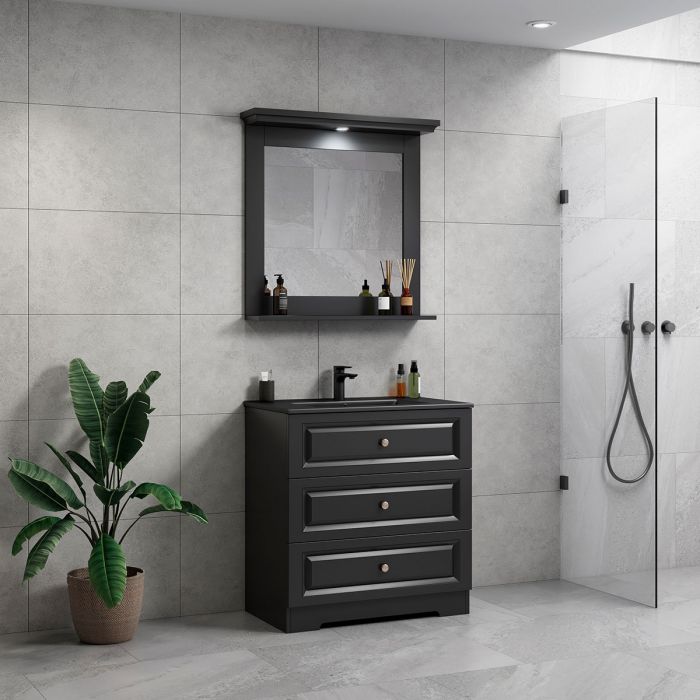 ModeniComfort 80 cm sort mat badeværelsesmøbel m/sort håndvask og spejl