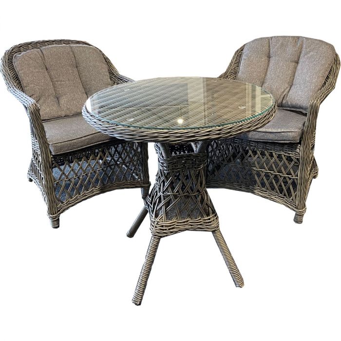 Romantik cafésæt med 2 stole og et rundt bord i gråmiks