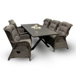 Skjærgården spisebordssæt 210 cm med 6 reclinerstole i gråmix flet og bord i antracit aluminium
