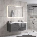 LindaDesign 120 cm grå højglans badeværelsesmøbel dobbel m/hvid håndvask og spejl