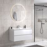 NoraDesign 100 cm badeværelsesmøbel m/hvid håndvask og rundt spejl