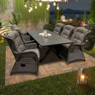 Skjærgården spisebordssæt 210 cm med 6 reclinerstole i gråmix flet og bord i antracit aluminium