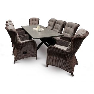 Skjærgården XL spisebordssæt 210 cm med 8 reclinerstole i chocolate flet og bord i antracit aluminium