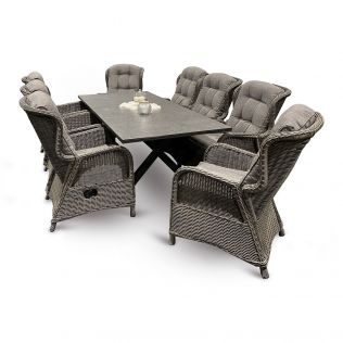Skjærgården XL spisebordssæt 210 cm med 8 reclinerstole i gråmix flet og bord i antracit aluminium