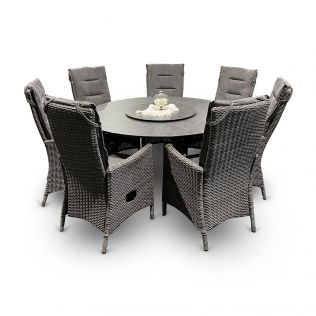 Holiday Seven spisebordssæt m/7 reclinerstole gråmix og stort bord ø150 cm i antracit aluminium