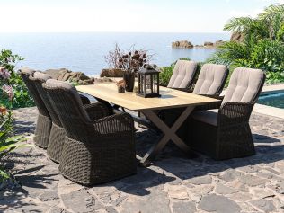 Villa - Havesæt med HPL bord 220 cm og 6 Living-stole i chocolate