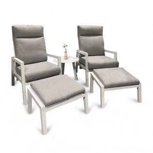 Jamaica cafésæt - 2 recliner stole m/skammel og bord 55 cm i hvid aluminium