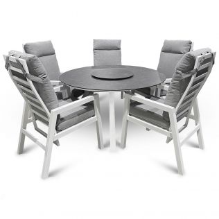 Jamaica rund spisegruppe m/stort bord ø135 cm og 5 recliner stole i hvid aluminium