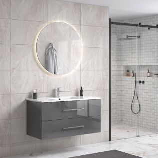 LindaDesign 100 cm grå højglans badeværelsesmøbel m/hvid håndvask og rundt spejl