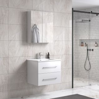 LindaDesign 60 cm hvid mat badeværelsesmøbel m/hvid håndvask og spejlskap