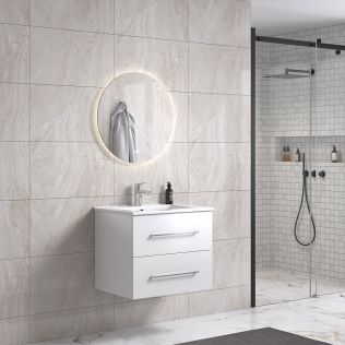 LindaDesign 60 cm badeværelsesmøbel m/hvid håndvask og rundt spejl