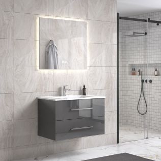 LindaDesign 80 cm grå højglans badeværelsesmøbel m/hvid håndvask og spejl