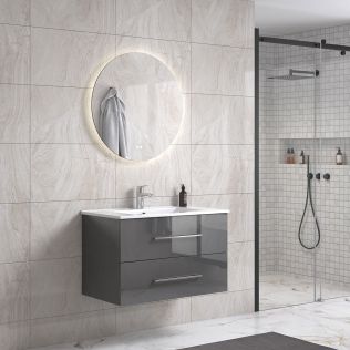 LindaDesign 80 cm grå højglans badeværelsesmøbel m/hvid håndvask og rundt spejl