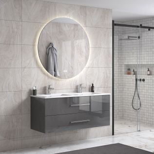 LindaDesign 120 cm grå højglans badeværelsesmøbel dobbel m/hvid håndvask og rundt spejl