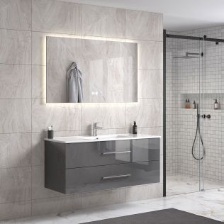 LindaDesign 120 cm grå højglans badeværelsesmøbel single m/hvid håndvask og spejl