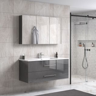 LindaDesign 120 cm grå højglans badeværelsesmøbel m/spejlskap
