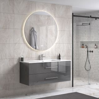 LindaDesign 120 cm grå højglans badeværelsesmøbel single m/hvid håndvask og rundt spejl