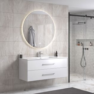 LindaDesign 120 cm badeværelsesmøbel single m/hvid håndvask og rundt spejl