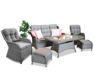 Living - havesæt med sofa, to stole med fodskammel og stort spisebord i gråmix