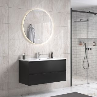 NoraDesign 100 cm badeværelsesmøbel m/hvid håndvask og rundt spejl