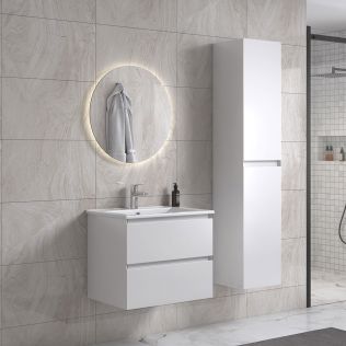 NoraDesign 60 cm hvid mat badeværelsesmøbel med rundt spejl og 1 højskab