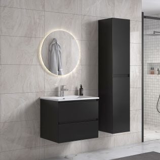 NoraDesign 60 cm sort mat badeværelsesmøbel med rundt spejl og 1 højskab