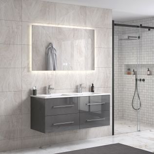 OliviaDesign 120 cm grå højglans badeværelsesmøbel dobbel m/hvid håndvask og spejl