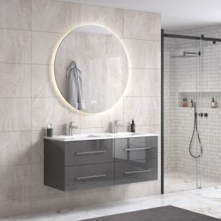 OliviaDesign 120 cm grå højglans badeværelsesmøbel dobbel m/hvid håndvask og rundt spejl