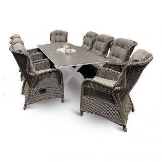 Skjærgården XL spisebordssæt 210 cm med 8 reclinerstole i gråmix flet og bord i hvid aluminium