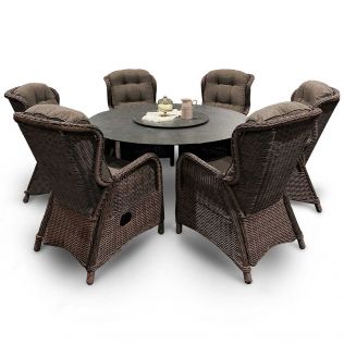 Skjærgården rund spisebordssæt m/6 recliner stole chocolate og stort bord ø150 cm i antracit aluminium