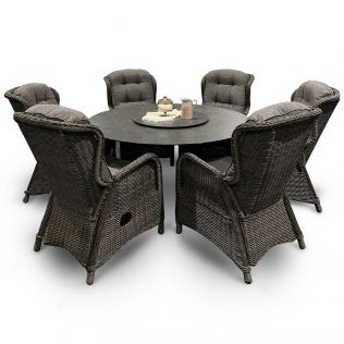 Skjærgården rund spisebordssæt m/6 recliner stole gråmix og stort bord ø150 cm i antracit aluminium