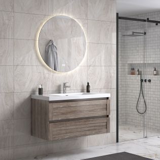 Victoria 100 cm grå alm badeværelsesmøbel m/hvid håndvask og rundt spejl