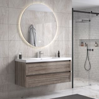 Victoria 120 cm grå alm badeværelsesmøbel m/hvid håndvask og rundt spejl