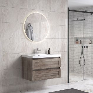 Victoria 80 cm grå alm badeværelsesmøbel m/hvid håndvask og rundt spejl